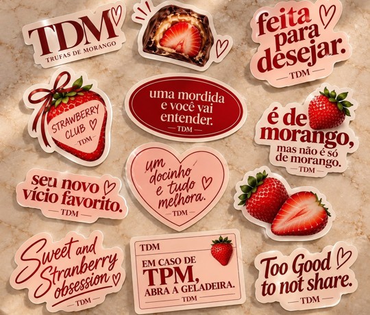 Adesivos da TDM: logo, Strawberry Club e a frase o seu novo vício favorito